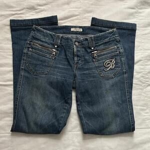 Blumarine Low rise button fly bootcut jeans rhinestone beaded logo Size small
